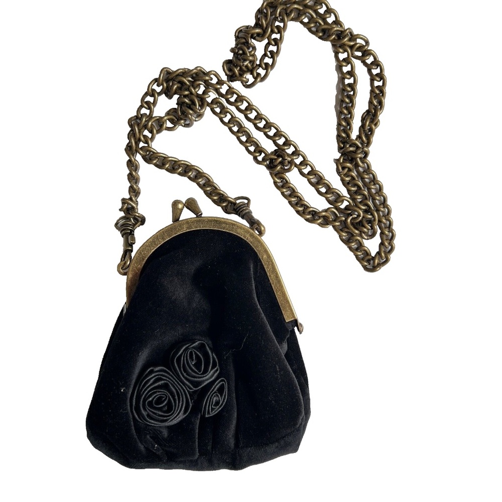 Nine West Velvet Black Bag Small Flowers Crossbody Purse Gold Chain Wiccan Witch